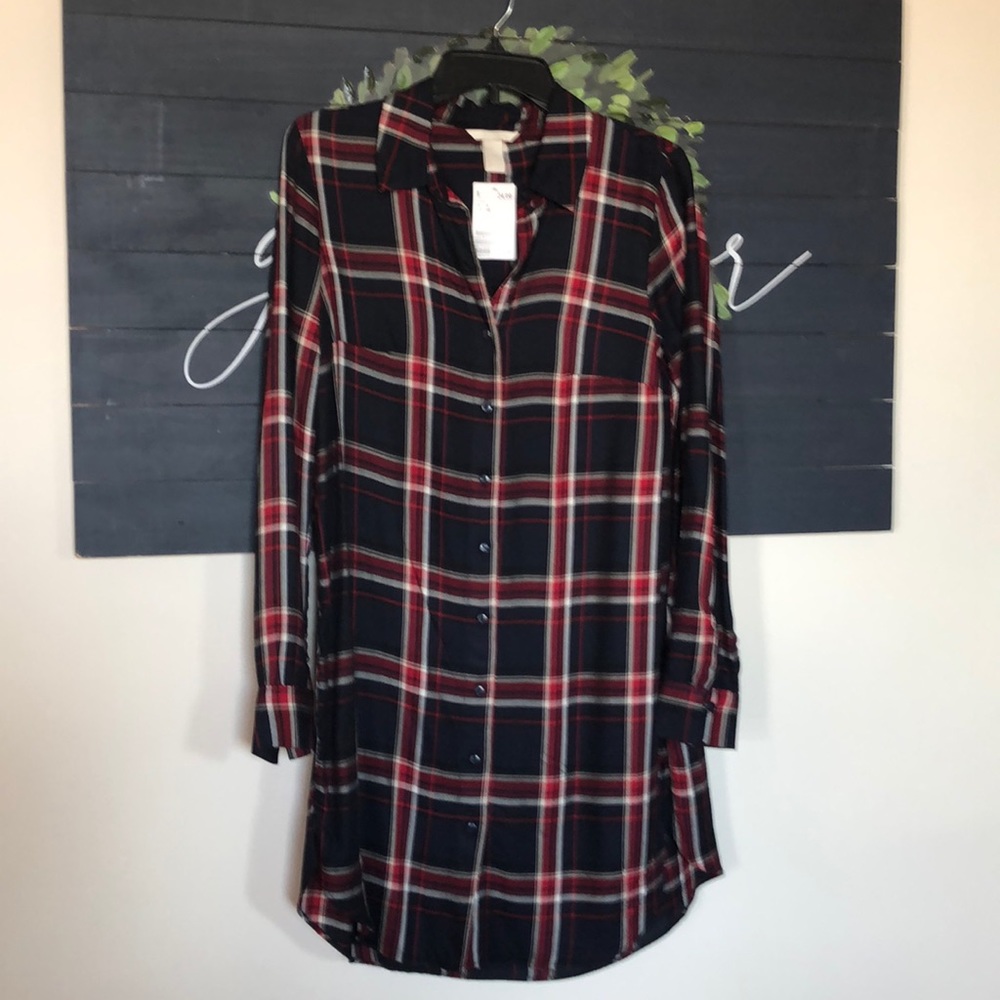 Navy, red, white plaid button down dress